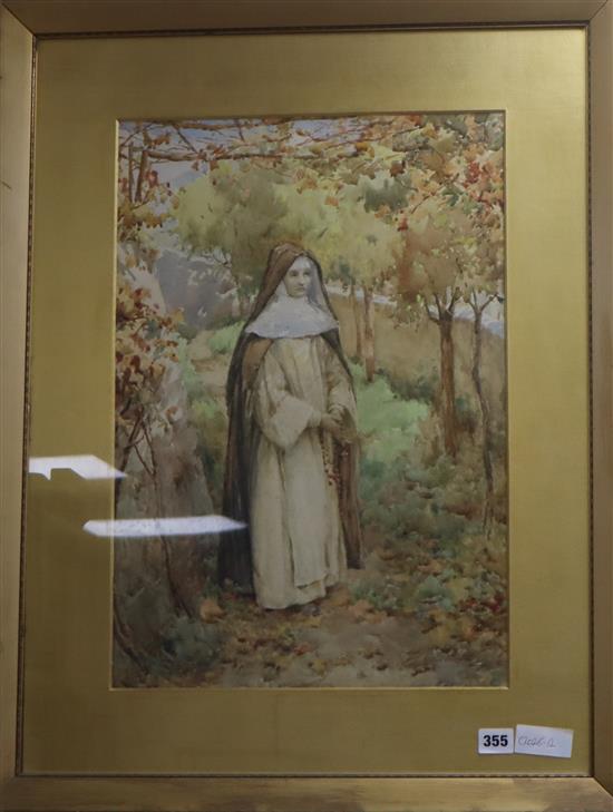 Arthur Burrington (1856-1924), watercolour, Nun in a walled garden, signed, 53 x 36cm